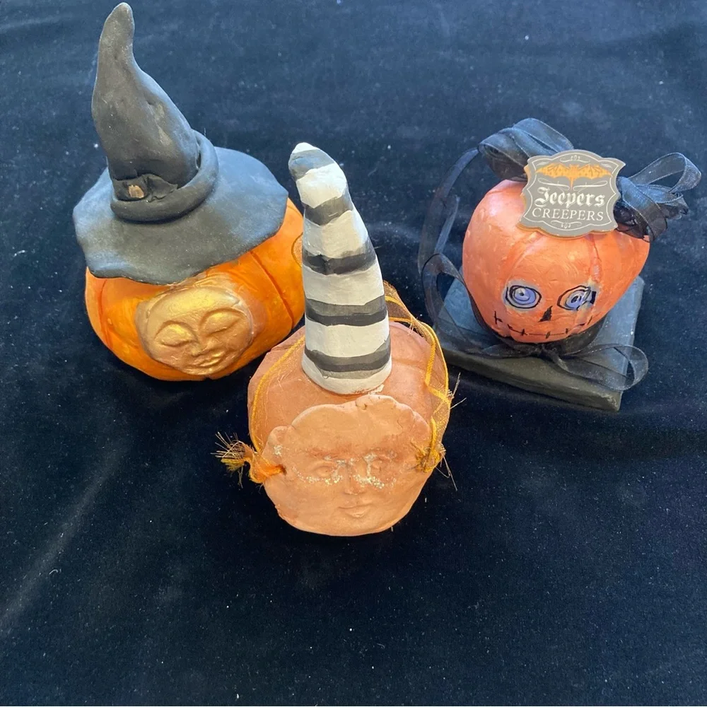Halloween Three Handmade Folk Art Original Terracotta Ceramic Halloween Pumpkins